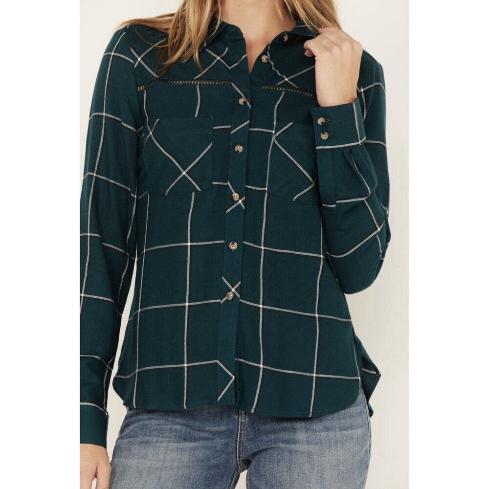 Shyanne Deep Teal Plaid Western Button Down Shirt Ladder Lace Women’s Medium